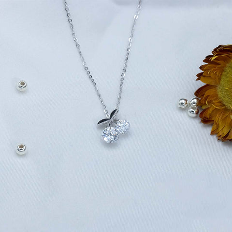 Silver white diamond cherry fruit pendant with chain