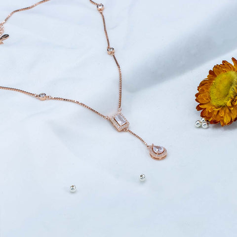 Rose gold square shape with hanging pear diamond necklace
