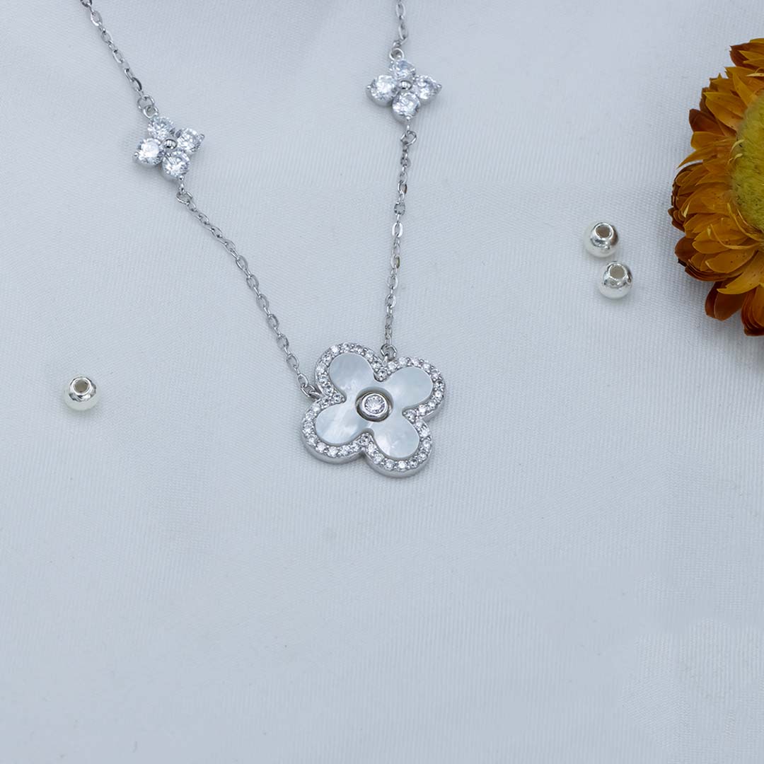 Silver diamond three floral pendant with chain