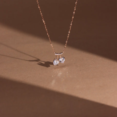 Rose gold white twin heart diamond pendant with chain