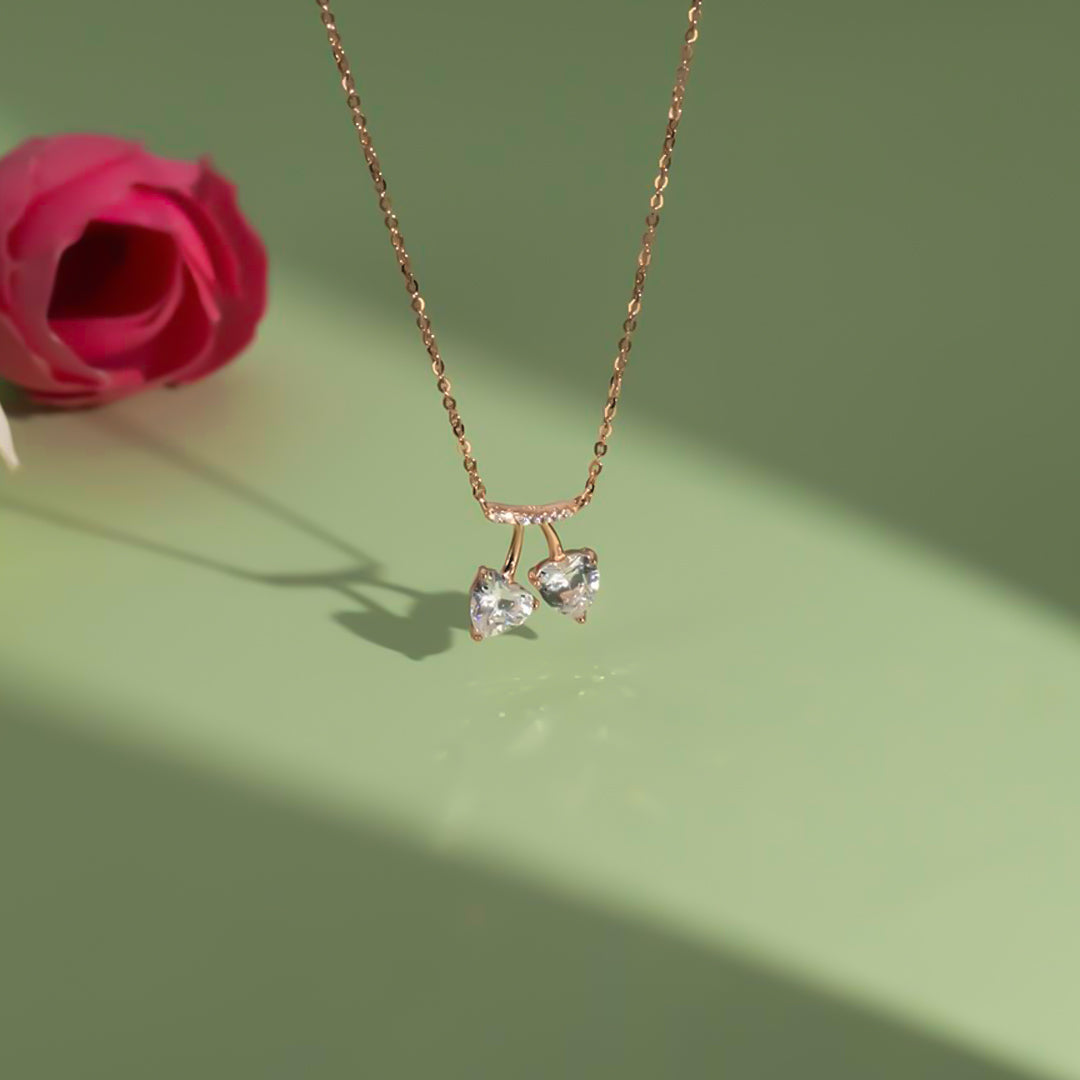 Rose gold white twin heart diamond pendant with chain