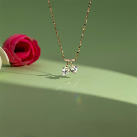 Rose gold white twin heart diamond pendant with chain