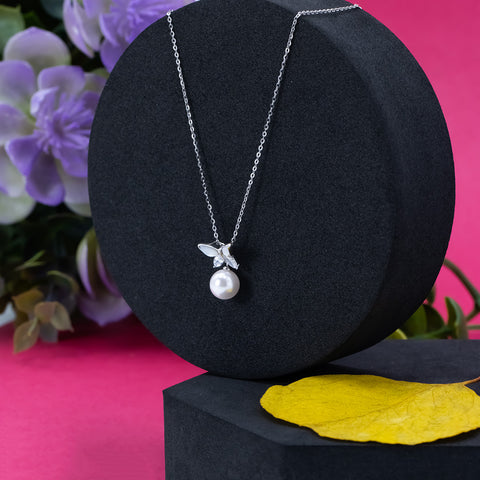 Silver Butterfly With Hanging Pearl Pendant With Chain