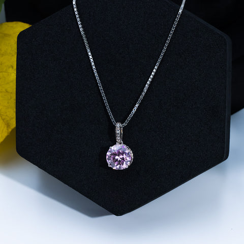 Silver Round Shape Pink Sapphire Diamond Pendant With Chain