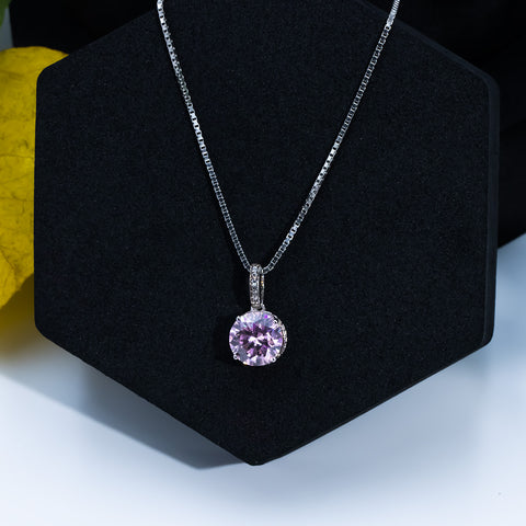 Silver Round Shape Pink Sapphire Pendant With Chain