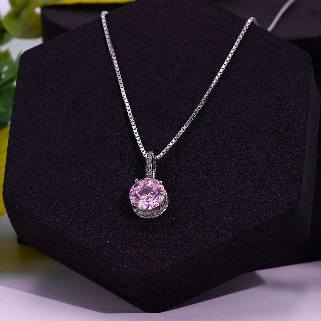 Silver Round Shape Pink Sapphire Diamond Pendant With Chain