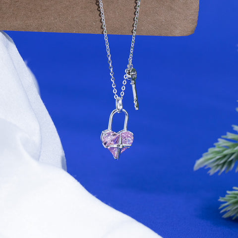 Silver Pink Sapphire Heart Shape Lock With Key Pendant With Chain