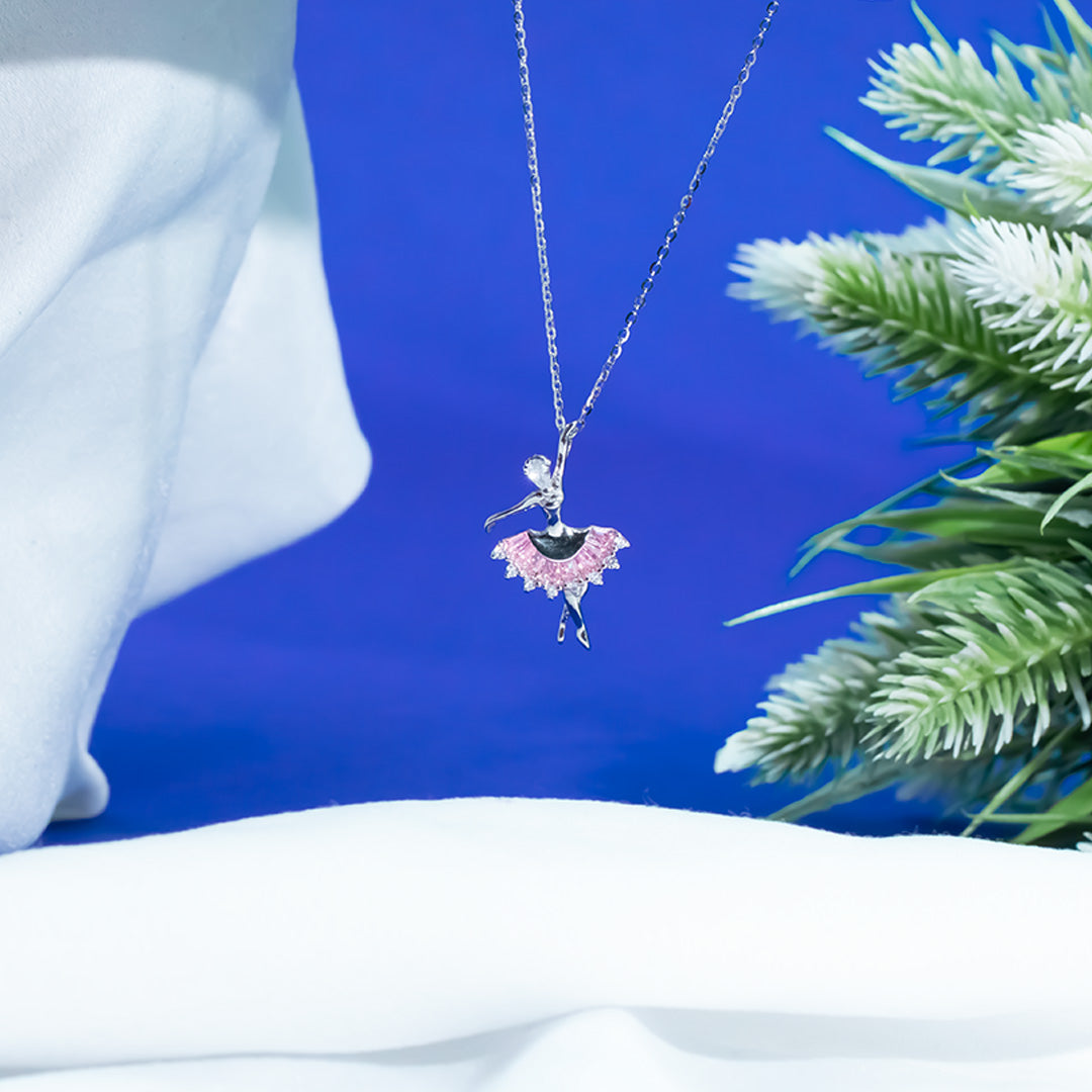 Silver Pink dancing doll diamond pendant with chain
