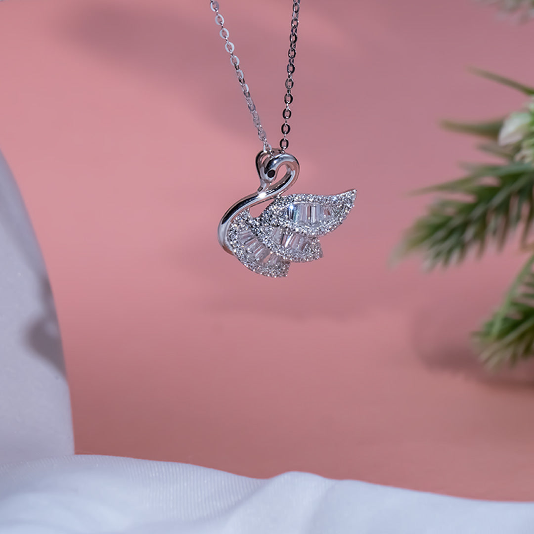 Silver swan designer diamond pendant with chain
