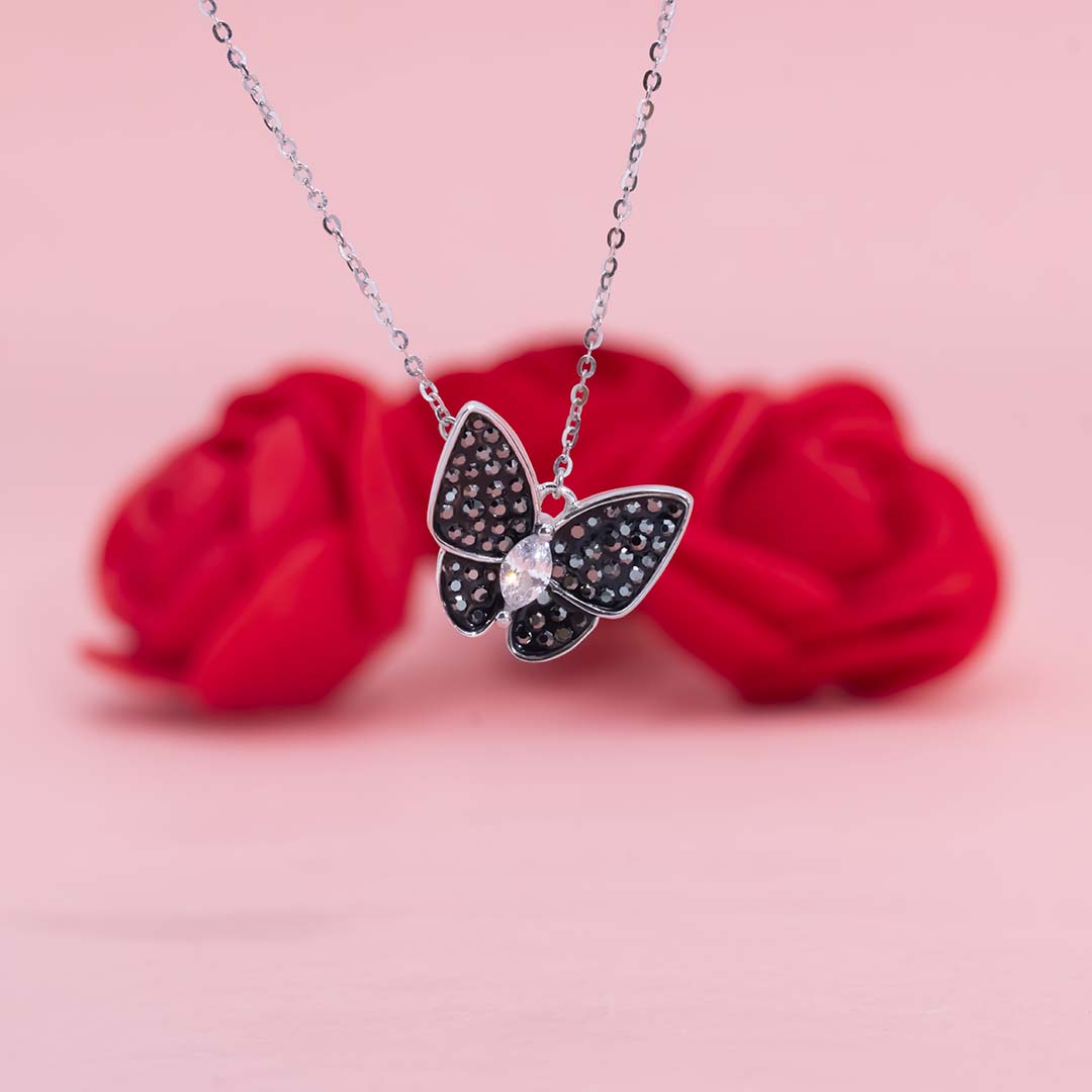 Silver black butterfly diamond pendant with chain