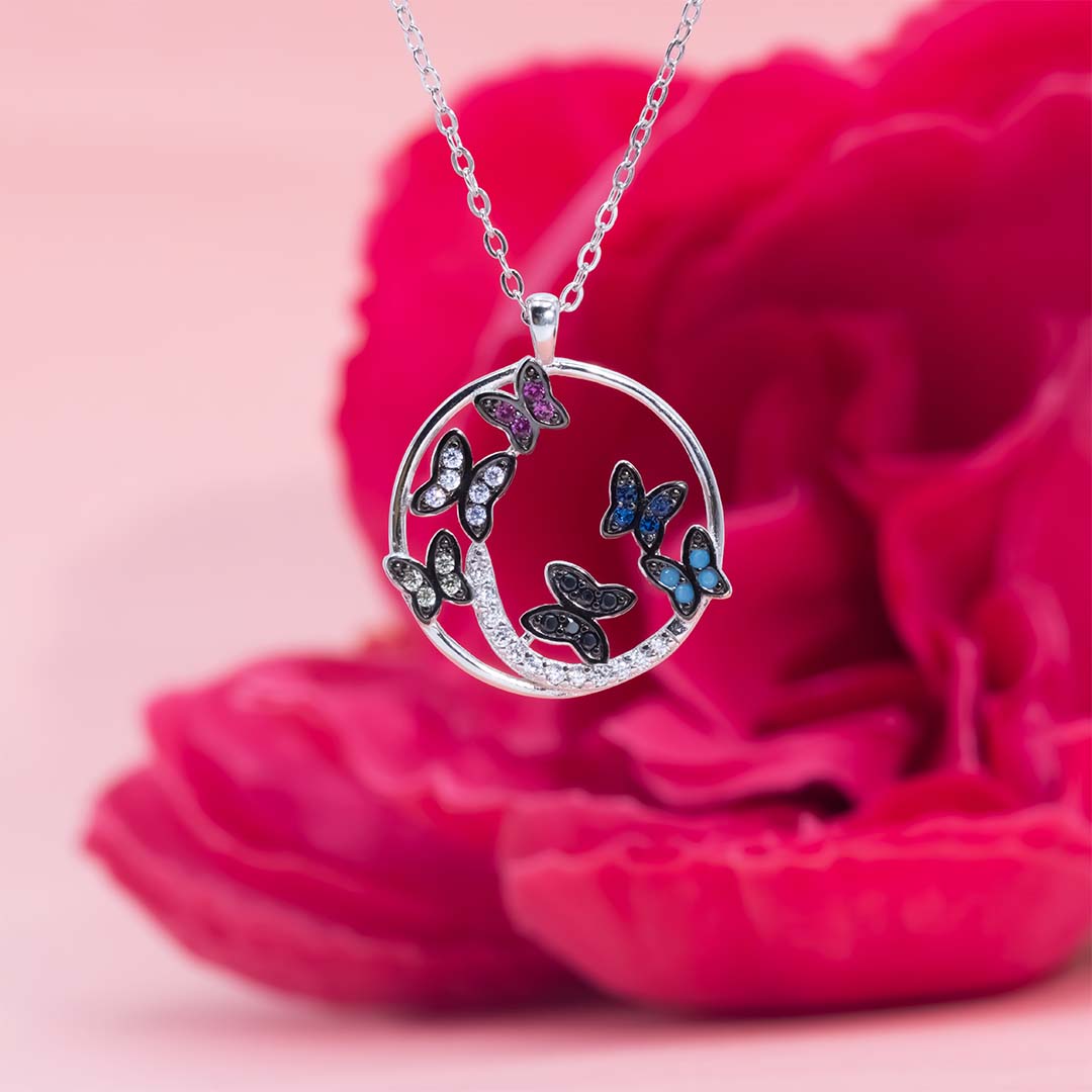 Round shape diamond with six butterfly pendant with chain
