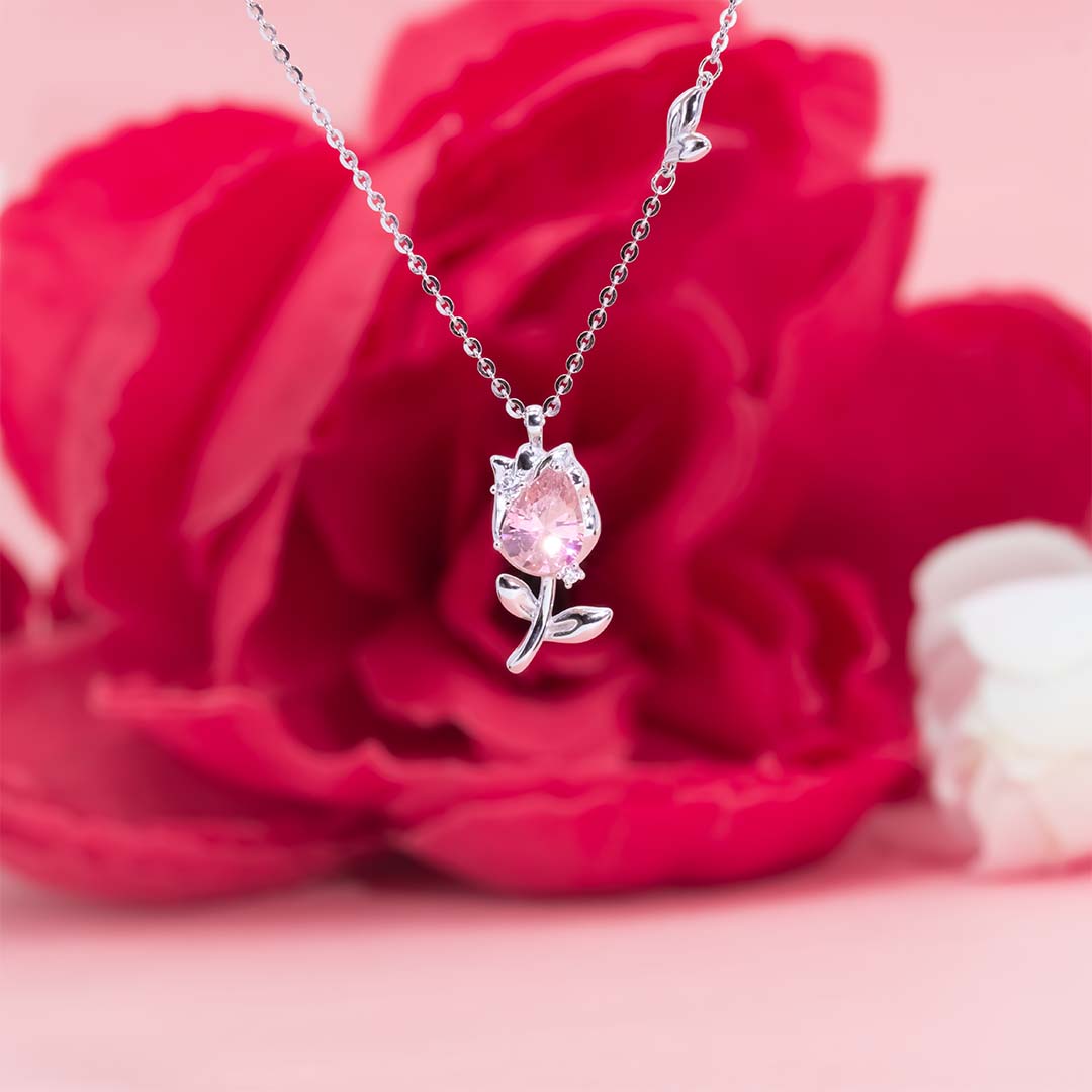 Silver pink sapphire rose bud pendant with chain