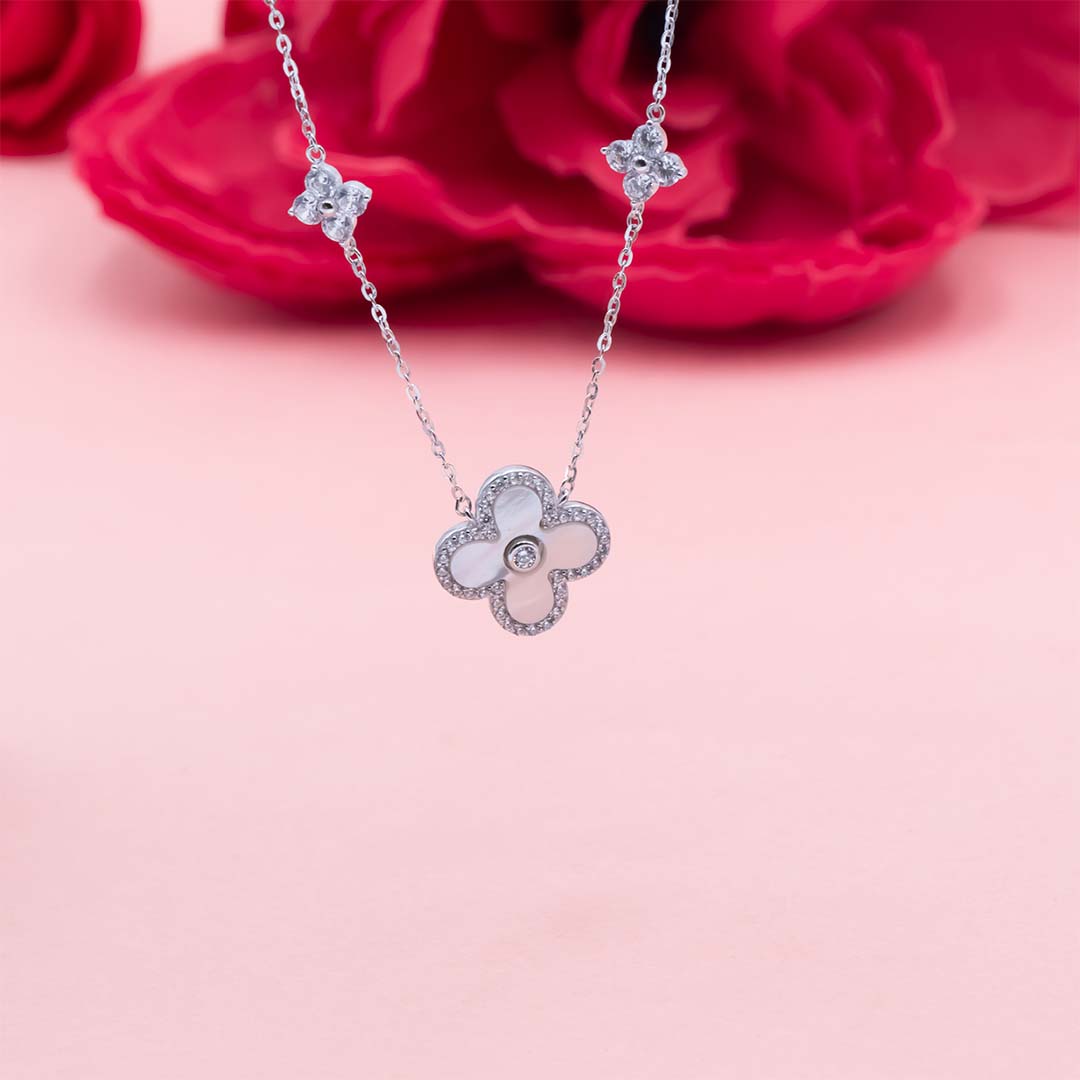 Silver diamond three floral pendant with chain