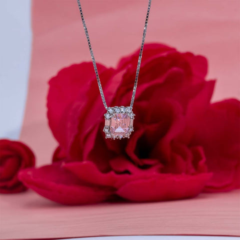 Silver Square Emerald Cut Pink Sapphire Pendant With Chain