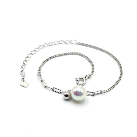 Silver Linked Chain Pearl Bracelet