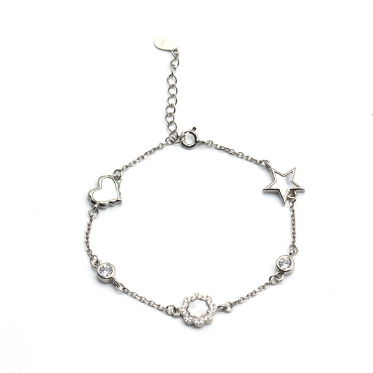 Silver star ,flower with heart chain bracelet