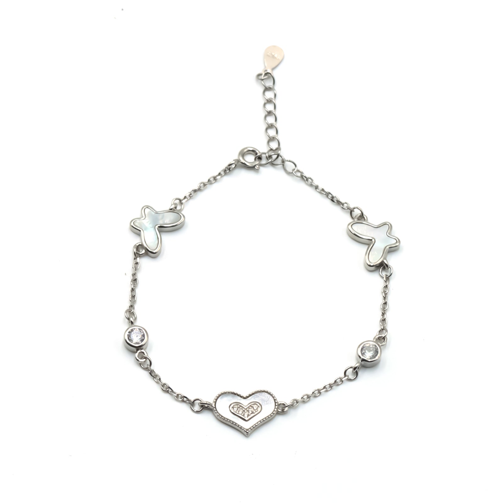 Silver dual butterfly with diamond heart bracelet