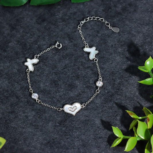 Silver dual butterfly with diamond heart bracelet