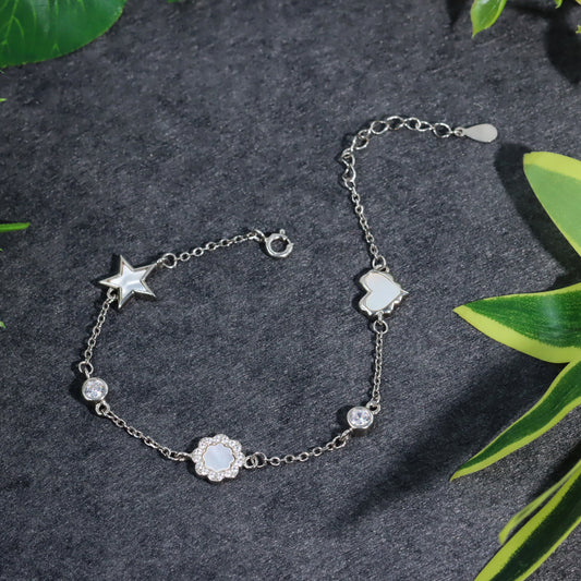 Silver star ,flower with heart chain bracelet