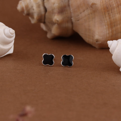 Four Leaf Clover Black Stud Silver Earrings