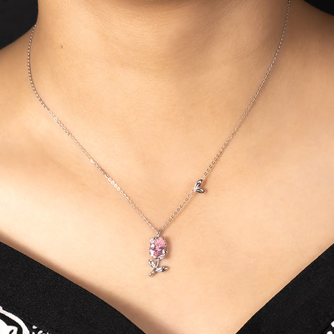 Silver Pink Sapphire Rose Bud Pendant With Chain