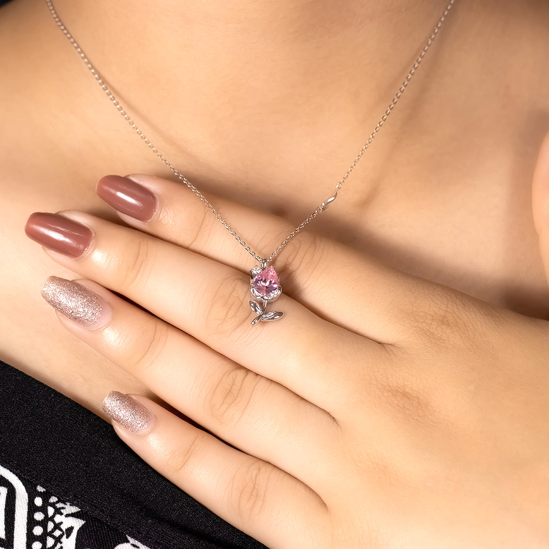 Silver pink sapphire rose bud pendant with chain