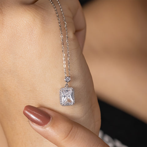 Square crystal diamond Silver pendant with chain