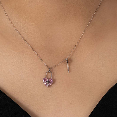 Silver pink sapphire heart shape lock with key pendant with chain
