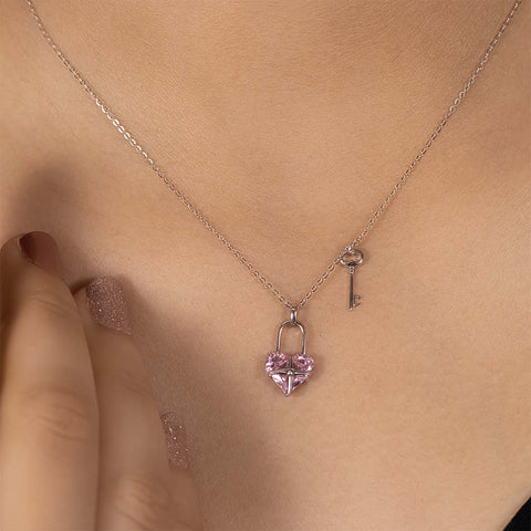 Silver Pink Sapphire Heart Shape Lock With Key Pendant With Chain