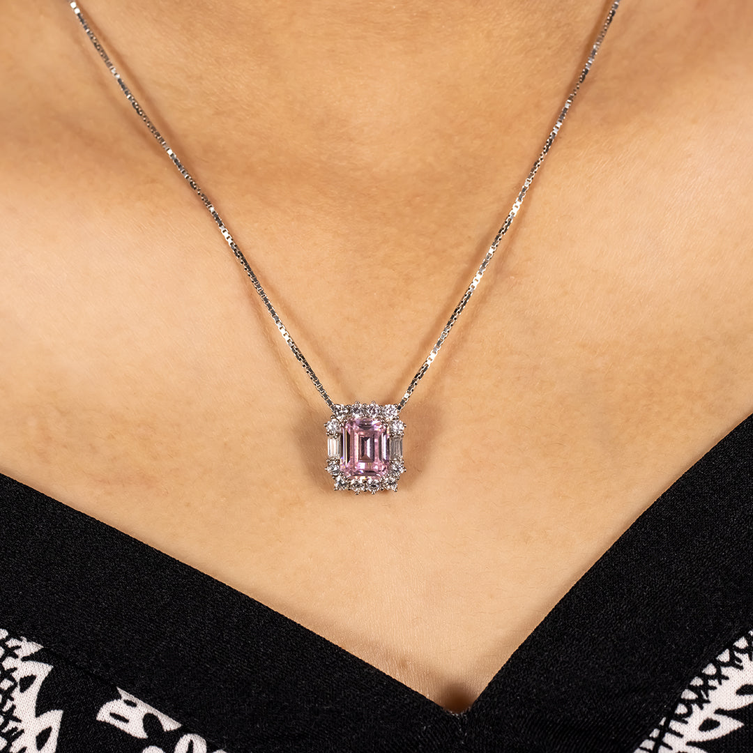 Silver square emerald cut pink sapphire diamond pendant with chain