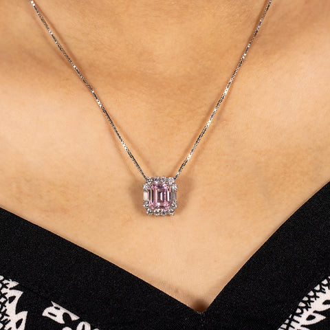 Silver Square Emerald Cut Pink Sapphire Pendant With Chain