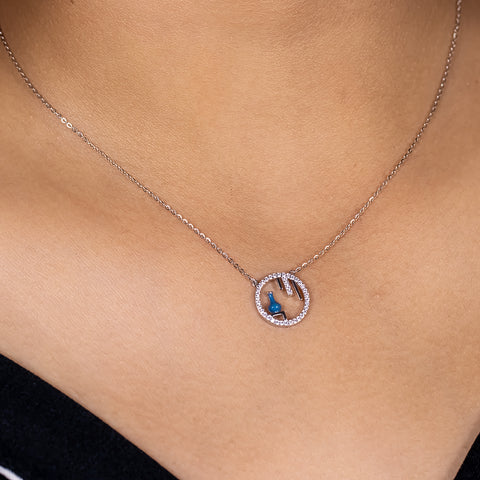 Silver Round With Blue Vase Pendant With Chain