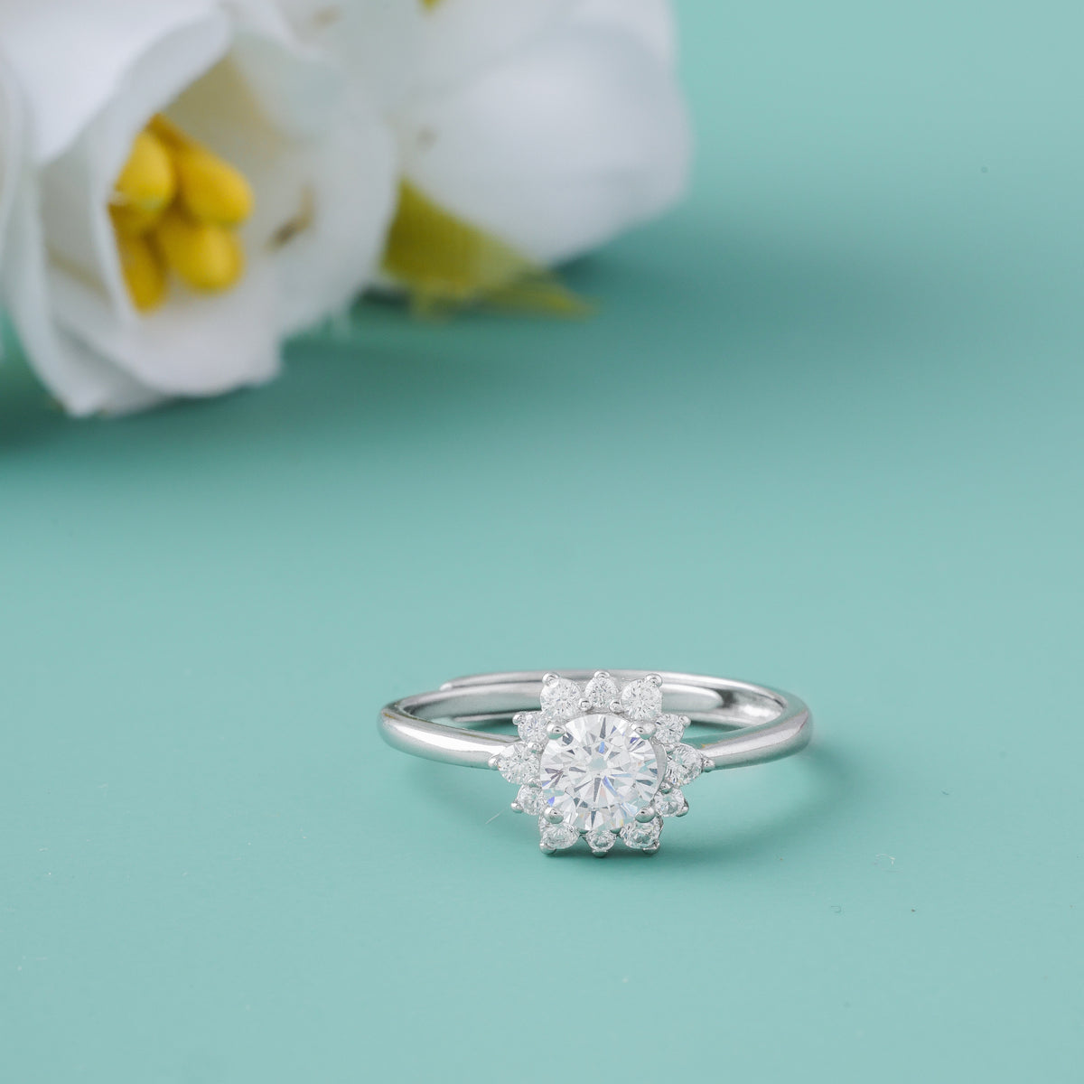 Silver Solitaire Flower  Diamond Ring for Women