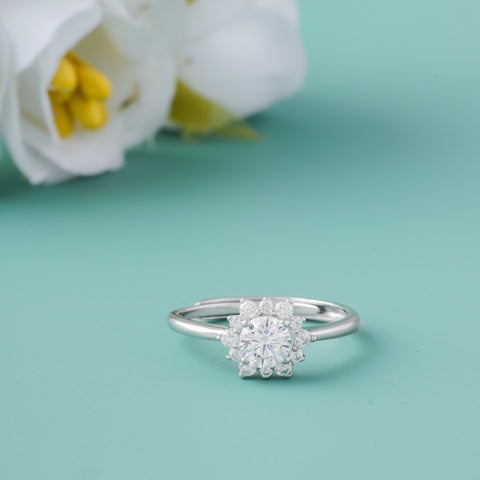Silver Solitaire Flower  Diamond Ring for Women
