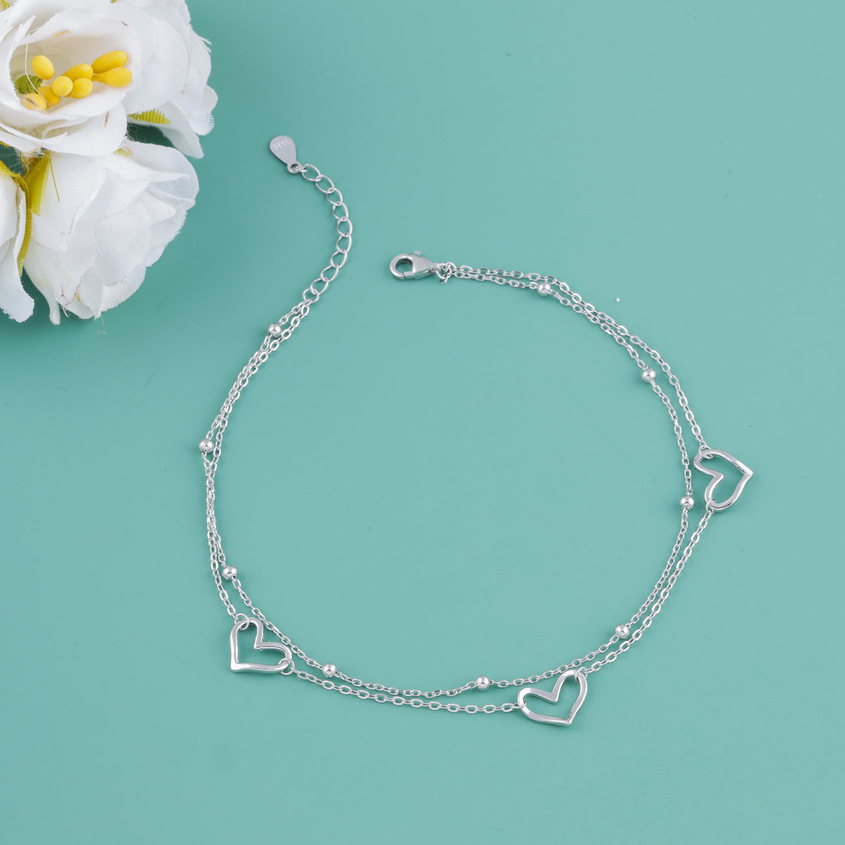 925 Sterling Silver Double Heart Anklet for Women