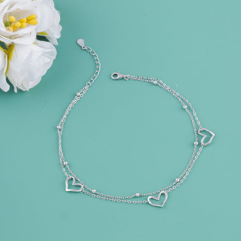 925 Sterling Silver Double Heart Anklet for Women