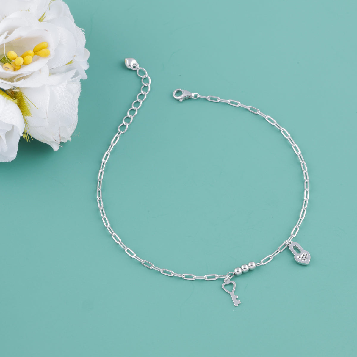 Silver Lock & Key Charm Anklet for Women