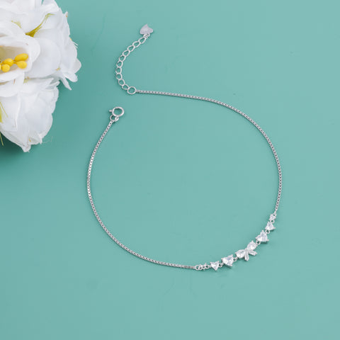 Silver Butterfly & Heart CZ Charm Anklet for Women