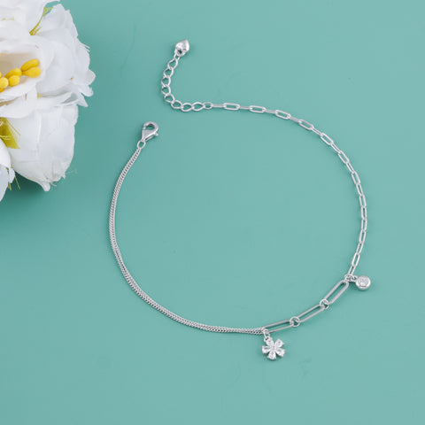 925 Sterling Silver Floral & Solitaire Charm Anklet for Women