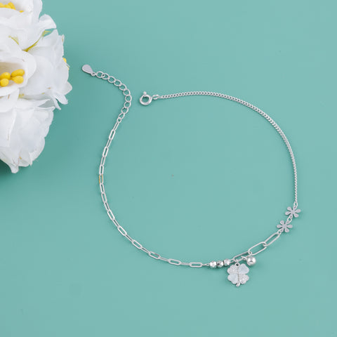 925 Sterling Silver Clover & Flower Charm Anklet for Women