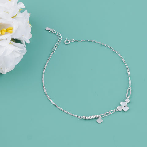 Three Heart Clover Charm Silver Anklet for Women