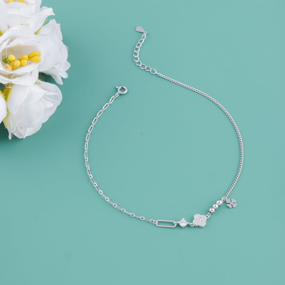 Silver Floral Charm Beaded Anklet for Women