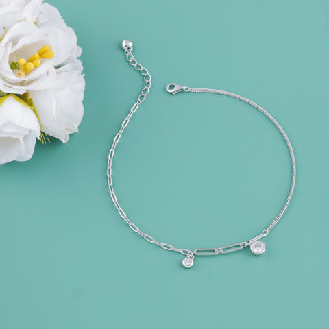 925 Sterling Silver Dual Chain with Zircon Charms Anklet  For Women