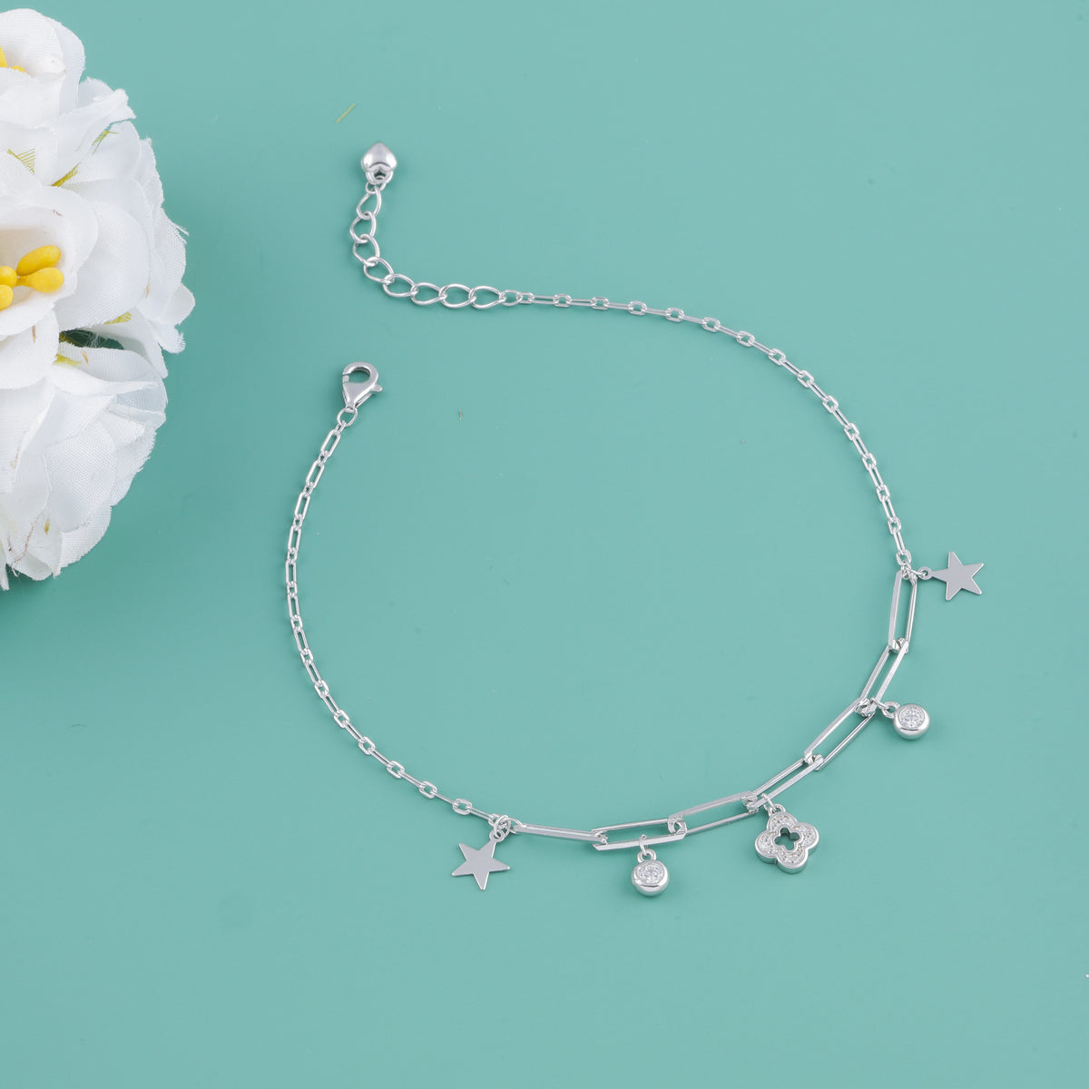 925 Sterling Silver Star & Floral Charm Anklet for Women