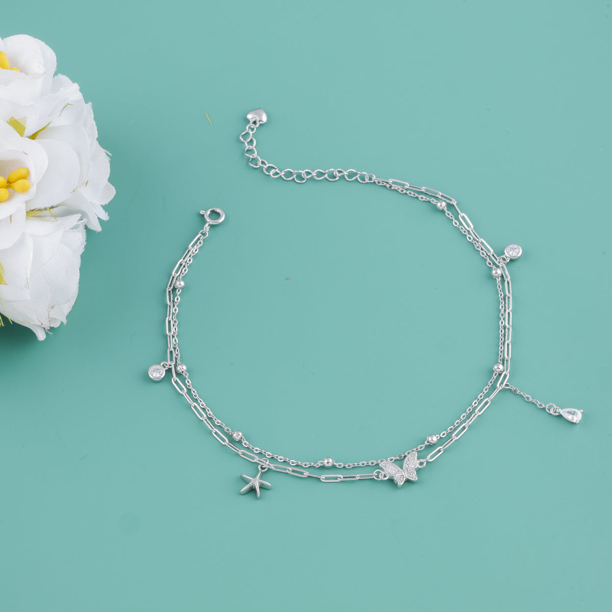 925 Sterling Silver Butterfly & Starfish Charm Anklet for Women