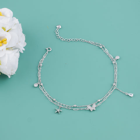 925 Sterling Silver Butterfly & Starfish Charm Anklet for Women
