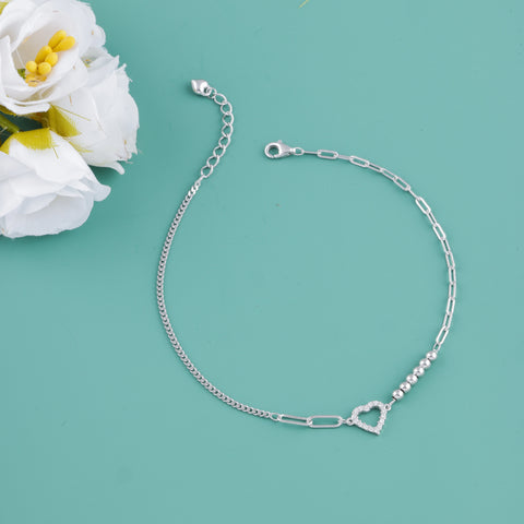 Silver Heart Charm Beaded Anklet for Women