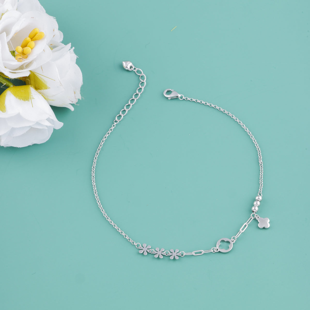 Floral Charm Silver Anklet for Women