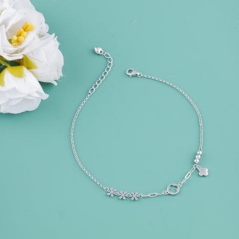 Floral Charm Silver Anklet for Women