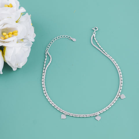 Silver Double Layer Heart Charm Beaded Anklet for Women